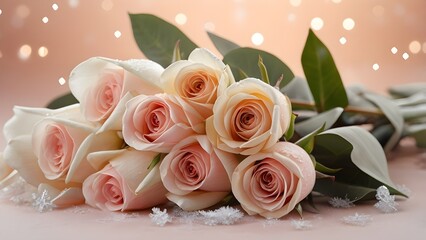 Soft pastel roses and tulips with snowflakes on peach gradient background