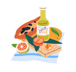 Juice in bottle, tropical fruits. Refreshing healthy beverage and natural vitamin food. Fresh exotic eating, summer refreshment, lemonade. Flat vector illustration isolated on white background