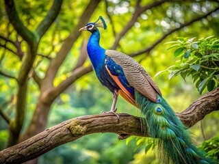 Obraz premium Majestic Peacock Perched on a Branch Amidst Lush Greenery in a Serene Landscape, Capturing the Beauty of Nature's Vibrant Colors and Wildlife Harmony