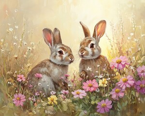 Rabbits and wildflowers, Charming Rabbits Among Colorful Wildflowers