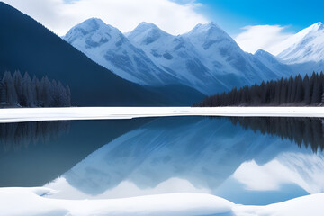 A majestic mountain range dominates the landscape, its peaks dusted with snow and reflecting perfectly in the calm waters of a serene lake. The sky is a clear, vibrant blue, contrasting beautifully wi