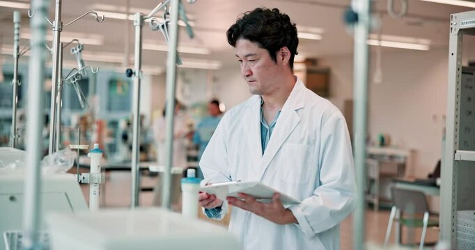 Science, equipment and tablet with Japanese man in laboratory for cancer research, inventory and healthcare. Medical study, dialysis machine and innovation with person in clinical for results