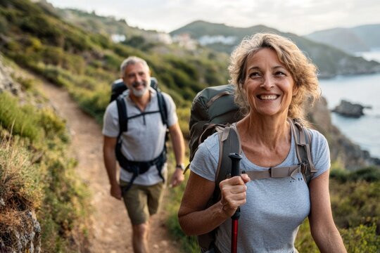 Middle-aged couple hiking adventure outdoors nature.