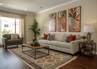 Fototapeta premium Stylish Living Room with Modern Furniture and Abstract Art for a Serene Atmosphere