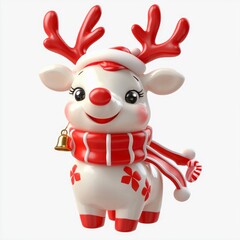 Naklejka premium Adorable 3D Render of a Christmas Reindeer Wearing a Santa Hat and Scarf