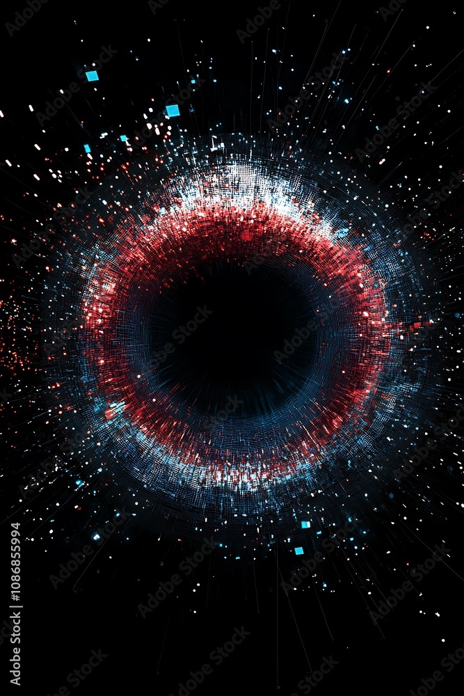 Poster Abstract Digital Composition Featuring Vibrant Red and Blue Particles Creating a Cosmic Eye Effect in a Dark, Futuristic Environment