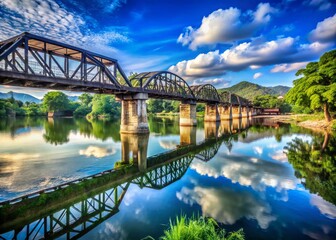 Obraz premium Majestic View of the Bridge on the River Kwai in Kanchanaburi, Thailand, Surrounded by Lush Greenery and Blue Sky, Capturing the Essence of Historical and Natural Beauty