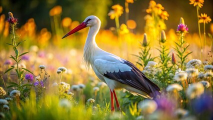Naklejka premium Majestic White Stork Ciconia Ciconia Gracefully Foraging in a Sunlit Field Surrounded by Lush Greenery and Vibrant Wildflowers, Showcasing the Beauty of Nature in Urban Exploration Photography