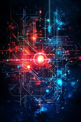 Abstract Digital Technology Background with Circuit Board Design Featuring Vibrant Red and Blue Lights for Futuristic Themes in Technology and Innovation