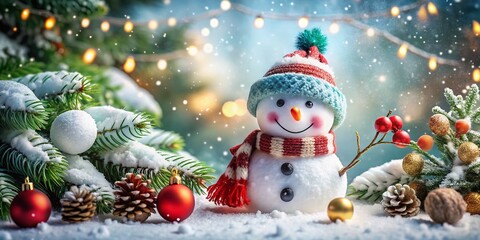 Fototapeta premium Merry Christmas and Happy New Year Greeting Card with a Joyful Snowman in a Magical Winter Wonderland Scene Filled with Snowflakes, Pine Trees, and Festive Decorations
