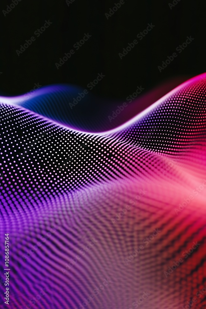 Poster abstract digital waves in vibrant colors with dots pattern and smooth curves on a dark background fo