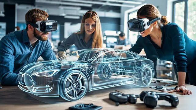 Group of automobile design engineer people working with augmented reality 3d model prototype of electric car wearing virtual reality headset - Models by AI generative