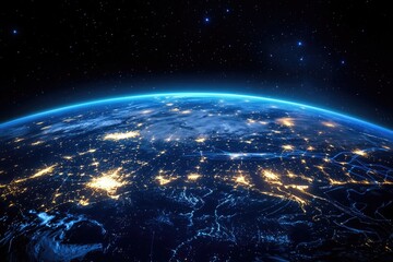 A global network concept with blue glowing lines on the Earth at night.