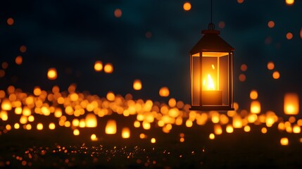 Obraz premium A solitary lantern glowing brightly, drifting upwards, as hundreds of unlit lanterns rest below, creating a serene and powerful night scene, floating lantern, concept of inspiration