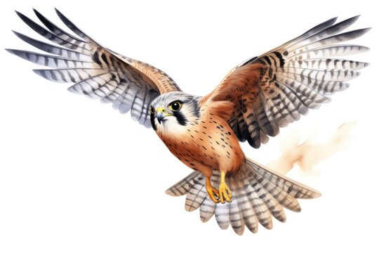 Watercolor flying kestral buzzard animal bird.