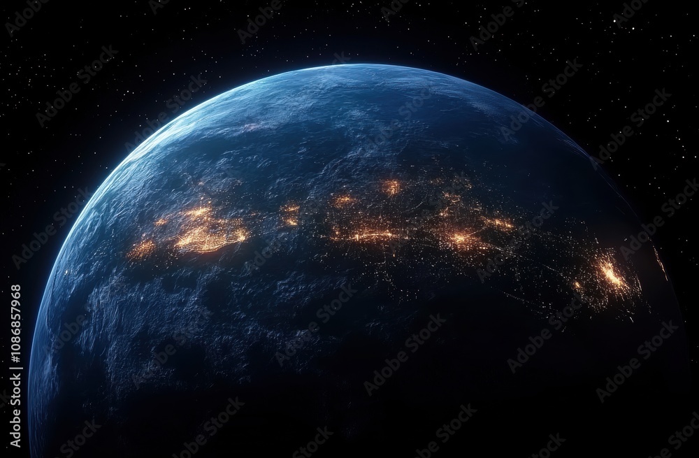 Wall mural stunning view of a planet at night from space, showcasing illuminated cities along the ocean with st