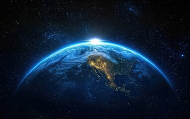 Fototapeta premium Majestic View of Earth from Space at Dawn with Bright Sunlight Illuminating North America and a Starry Background