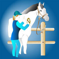 Illustration Girl and horse on the blue background