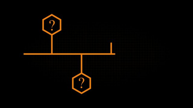 Minimalist horizontal timeline with hexagon markers and  question marks icon animation. A questioning symbol hovers with uncertainty, seeking clarification and resolution.
