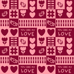 Monochrome seamless pattern with tulip flowers, hearts and text. Checkered print for tee, paper, fabric, textile. Retro style illustration for decor and design.