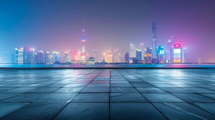 Empty square floor with city skyline background, Sustainable Urban Planning Initiative, afternoon