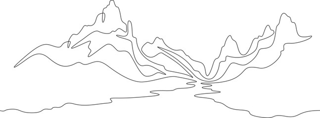 Continuous one line drawing mountain landscape. Panorama of high mountains and mountain river. Nature.  One continuous line isolated minimal illustration.Not AI.