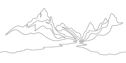 Continuous one line drawing mountain landscape. Panorama of high mountains and mountain river. Nature.  One continuous line isolated minimal illustration.Not AI.