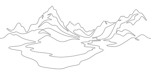 Continuous one line drawing mountain landscape. Panorama of high mountains and mountain river. Nature.  One continuous line isolated minimal illustration.Not AI.