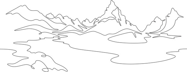 Fototapeta premium Continuous one line drawing mountain landscape. Panorama of high mountains and mountain river. Nature. One continuous line isolated minimal illustration.Not AI.