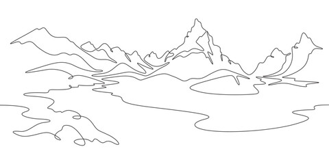 Fototapeta premium Continuous one line drawing mountain landscape. Panorama of high mountains and mountain river. Nature. One continuous line isolated minimal illustration.Not AI.