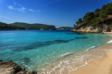 Fototapeta premium Tranquil Mediterranean Seascape: Clear Blue Ocean Water and Azure Sky for Calming Views, Ideal for Relaxation and Serenity, Perfect for Nature Lovers and Coastal Decor
