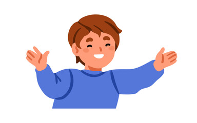 Happy boy with open arms and cheerful smile, joy expression. Cute child welcoming with friendly gesture, joyful hug. Funny joyous positive kid. Flat vector illustration isolated on white background