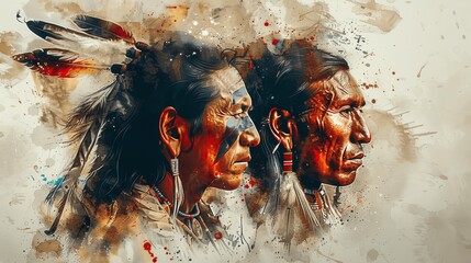 Profile Portrait of Two Native American Men with Feathered Headdresses and Traditional Jewelry