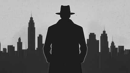 Black-and-white noir Comic-Con poster with shadowy figures, crime-ridden city, promoting detective and crime genres.