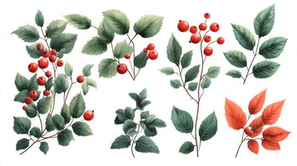 Botanical Illustration of Red Berries and Green Leaves