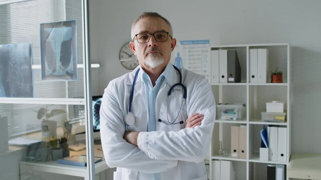 Portrait of middle-aged male doctor in lab coat looking at camera with serious face, adjusting his shirt and folding his arms on chest, while standing in modern medical office
