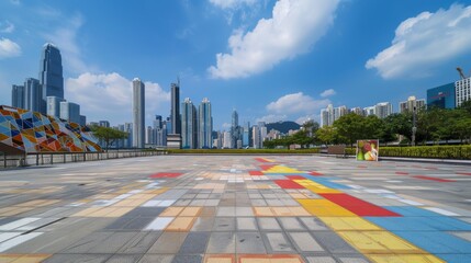 Obraz premium Empty square floor with city skyline background, Community Supportive Housing Development, dusk