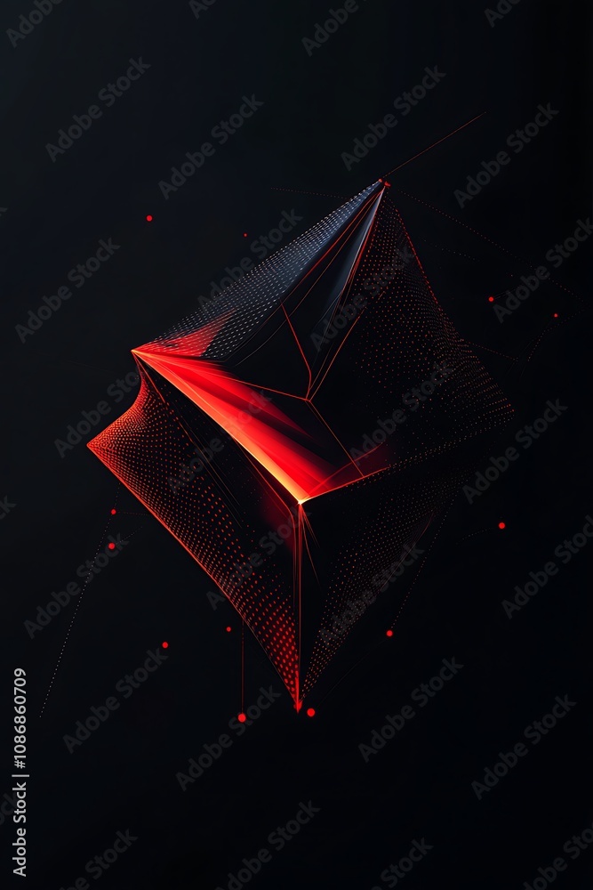 Poster abstract geometric shape in vibrant red and black color palette, featuring a three-dimensional appea