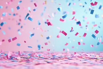 Colorful confetti falls on a vibrant pink and blue background during a festive celebration