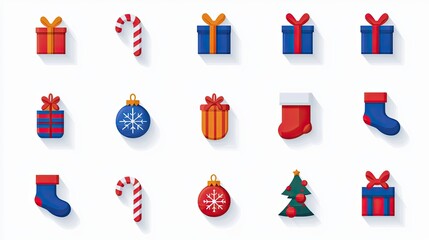 Fototapeta premium Colorful Christmas Icons Collection Featuring Presents, Ornaments, Candy Canes, Stockings, and A Christmas Tree Ideal for Holiday-Themed Designs and Celebrations