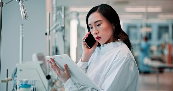 Woman, doctor and phone call with clipboard, notes or listen with paperwork at hospital. Japanese person, medic and smartphone with thinking, reading or list for healthcare service at wellness clinic
