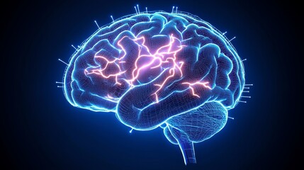 Human brain hologram, glowing synapses and neon blue circuitry, delicate wireframe with 3D depth, intense dark blue background