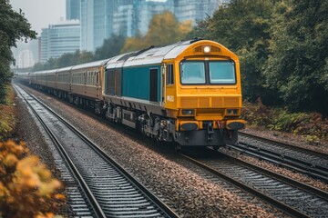 Naklejka premium A bright yellow train travels through a city, surrounded by modern buildings and greenery in autumn