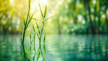 Obraz premium Serene Tranquility Lush Green Shoots Emerging from Still Water, Reflecting Sunlight Through a Hazy Green Forest Background