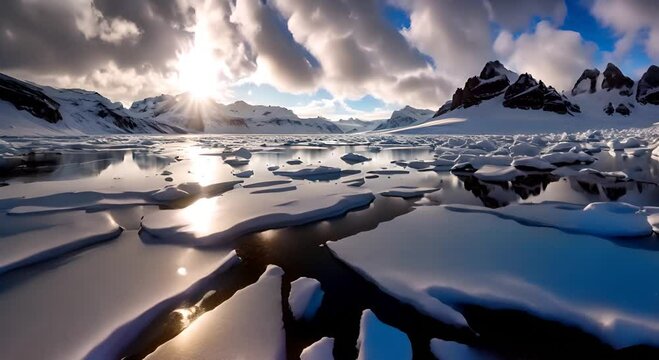 Wide Angle Static Shot A Vast Arctic Landscape With Icy Glaciers Reflecting Sunlight Clouds Shift Rapidly While Occasional Snowfall Is Visible + Gen 2 Preview