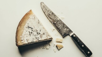 Aged Parmesan cheese wedge and knife on a white background.