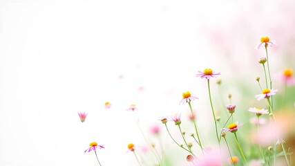 Delicate pink wildflowers with yellow centers bloom in a field of soft light and gentle blur.