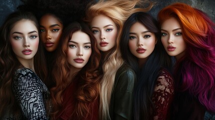 Fototapeta premium Diverse group of women with striking hair colors and styles showcase beauty in all shades, emphasizing inclusivity and individuality in modern cosmetics.