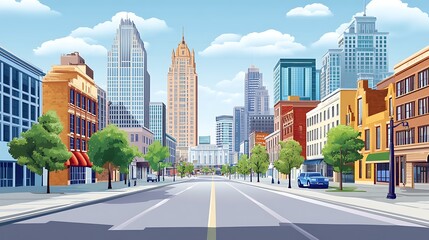 Fototapeta premium A sunny city street scene with tall buildings and lined trees.