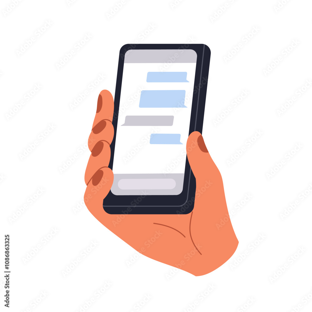 Poster mobile phone in hand. smartphone screen with online chat messages. holding cellphone device for digi